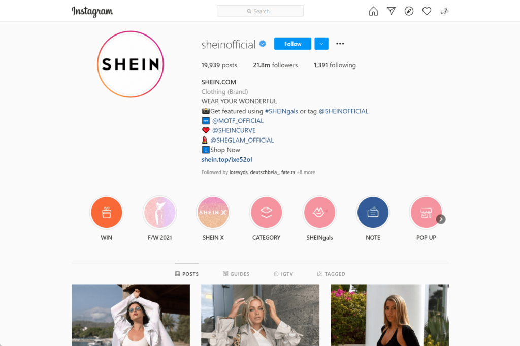 Shein Official Instagram account
