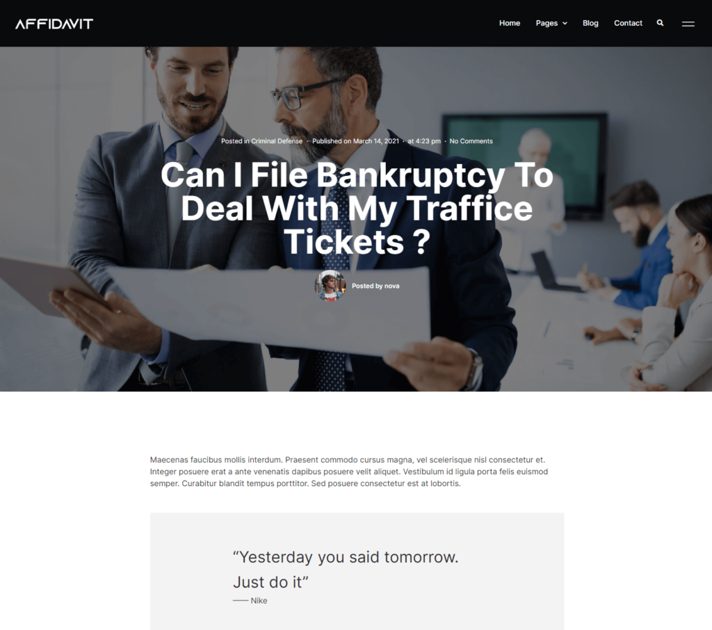 Blog post page of Affidavit Elementor template kit