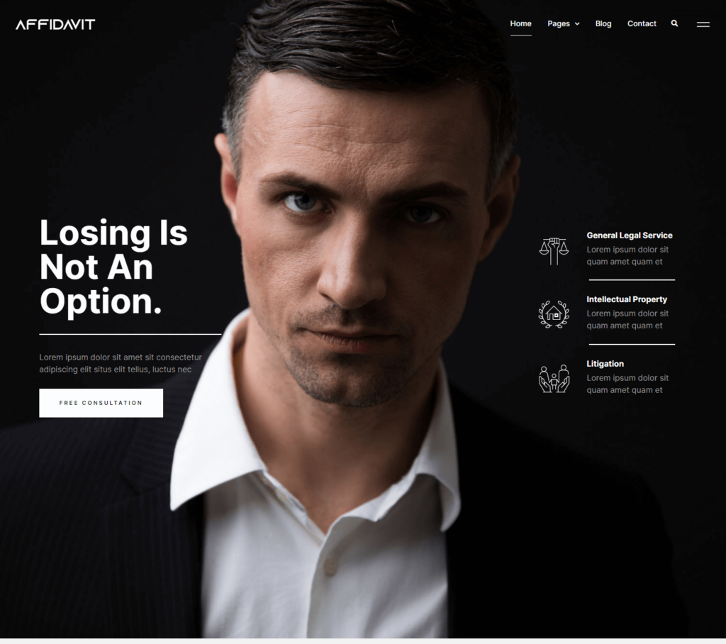Homepage of Affidavit Elementor template kit