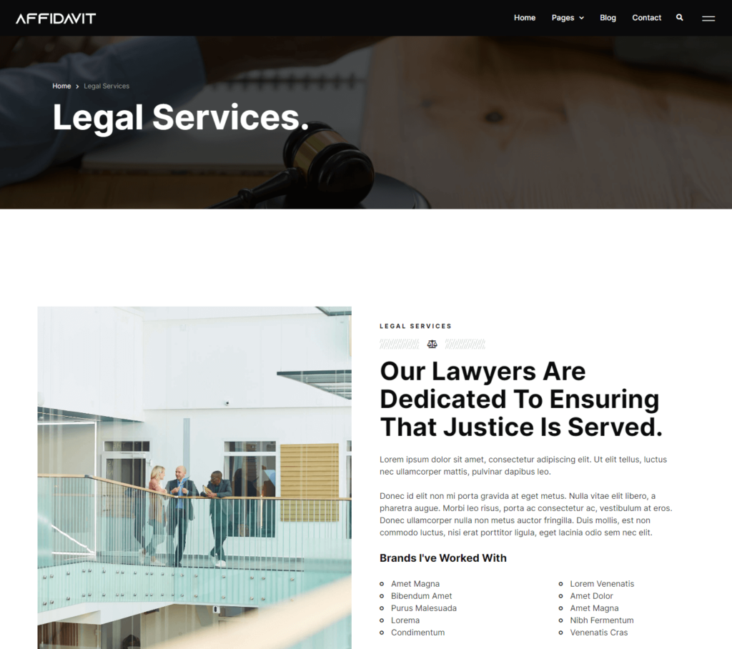 Legal services page of Affidavit Elementor template kit
