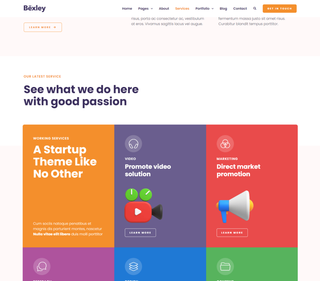 Services page of Bexley Elementor template kit