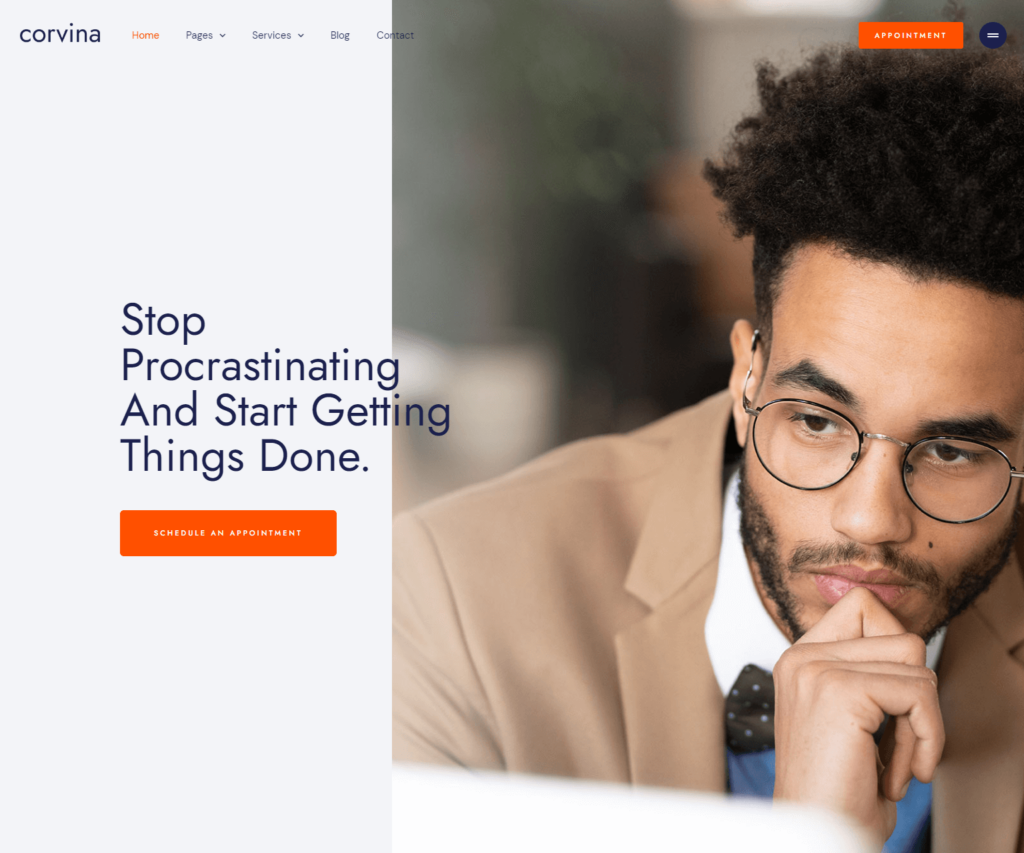 Homepage of Corvina Elementor template kit