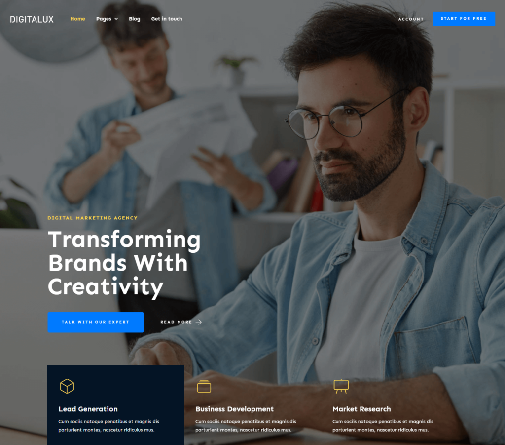 Homepage of Digitalux Elementor template kit