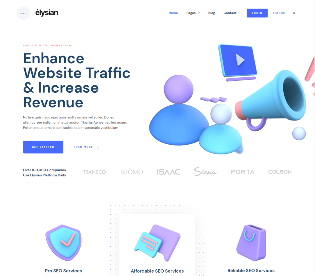 Homepage of Elysian Elementor template kit