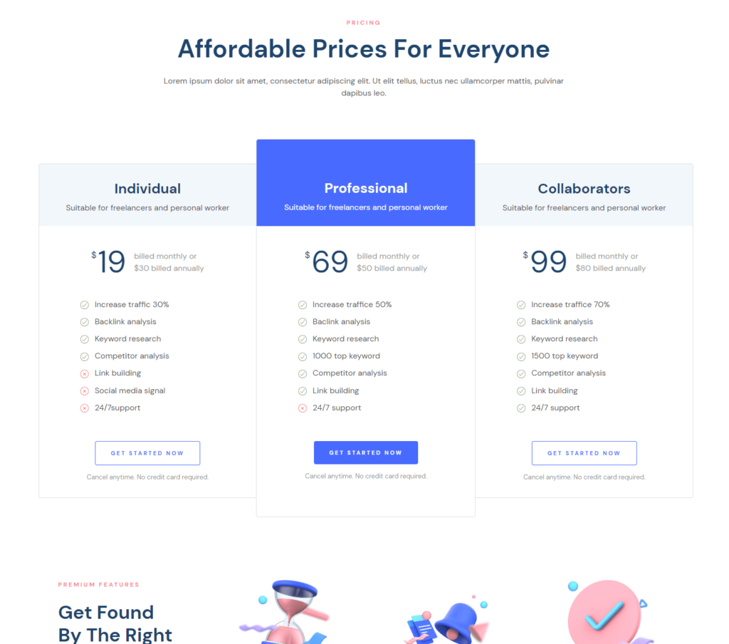 Pricing page of Elysian Elementor template kit