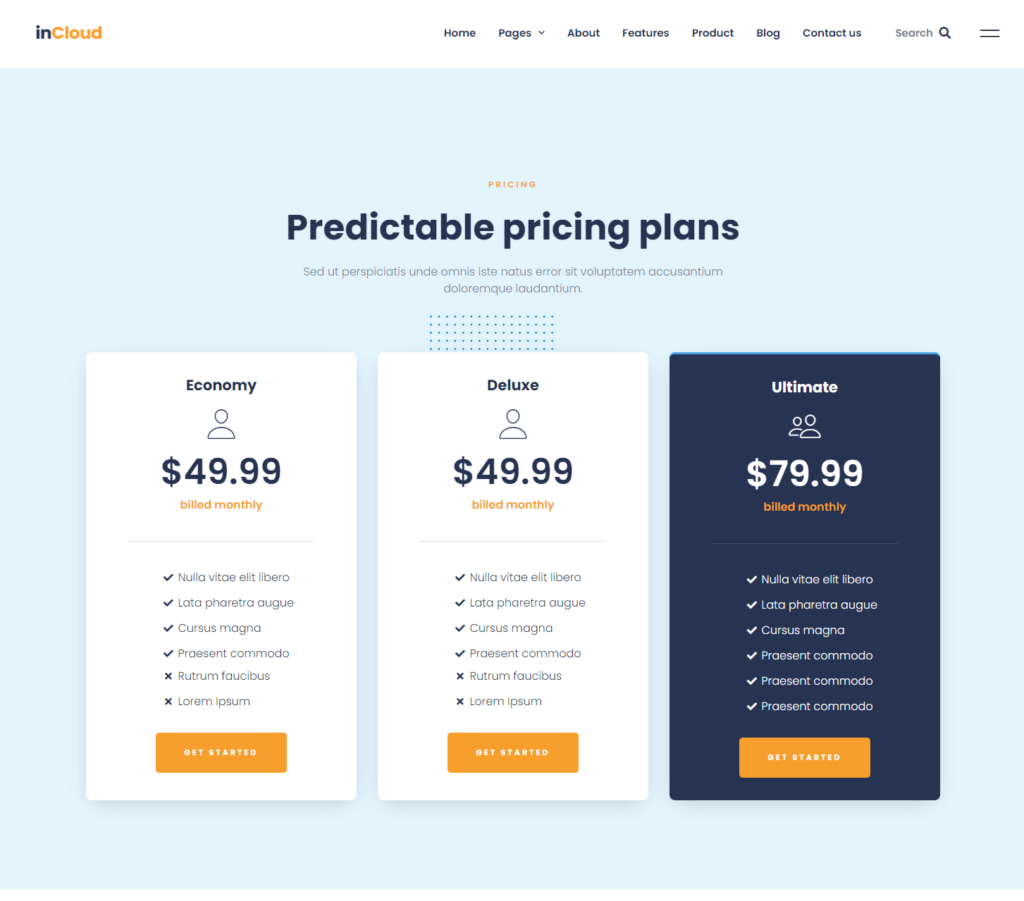 Pricing page of InCloud Elementor template kit
