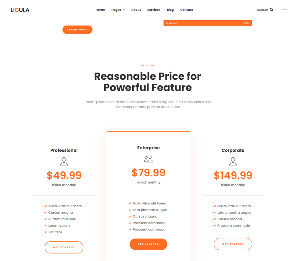 Pricing page of Ligula Elementor template kit