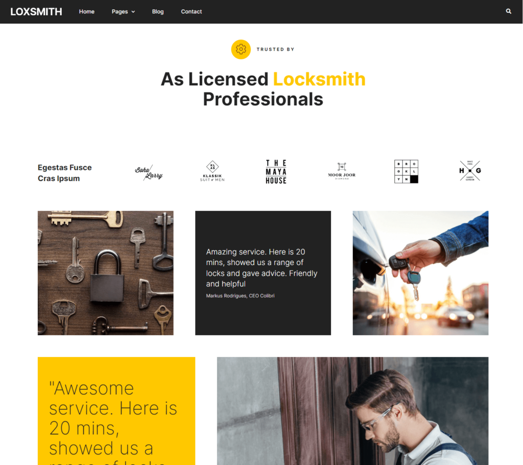 Testimonials page of Loxsmith Elementor template kit