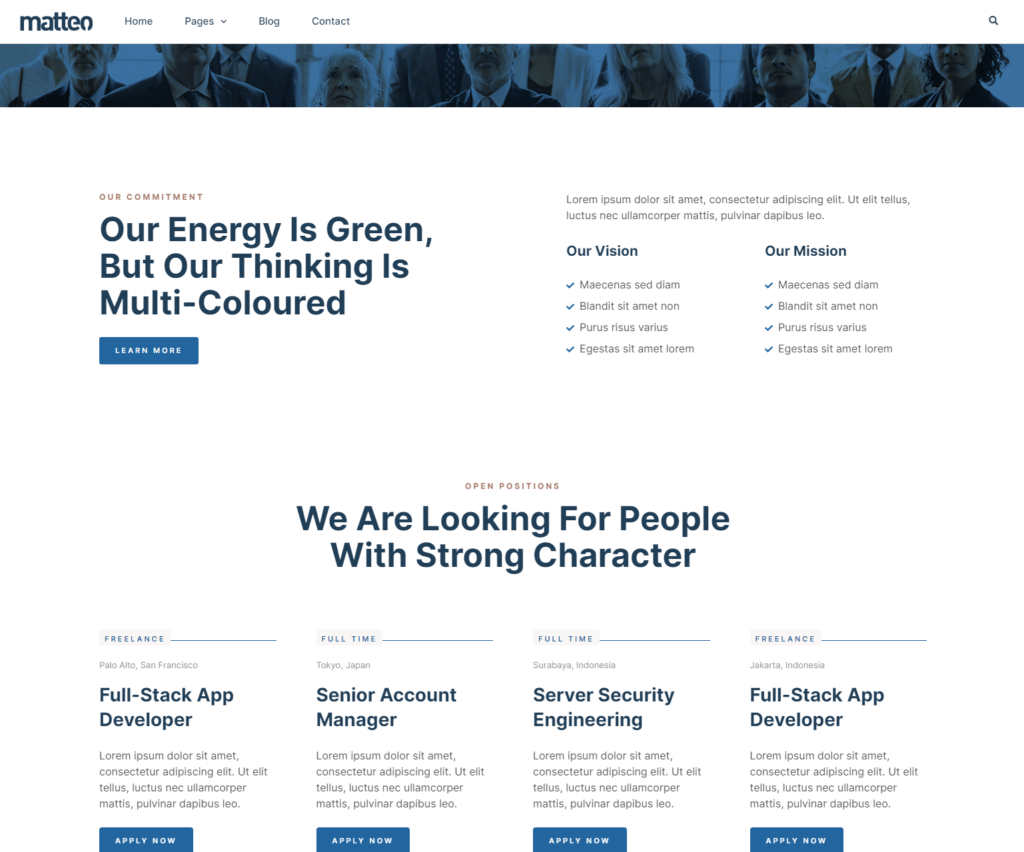 Career page of Matteo Elementor template kit