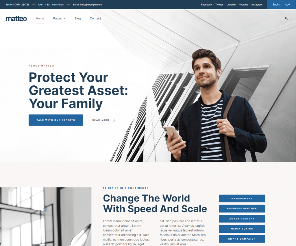 Homepage of Matteo Elementor template kit