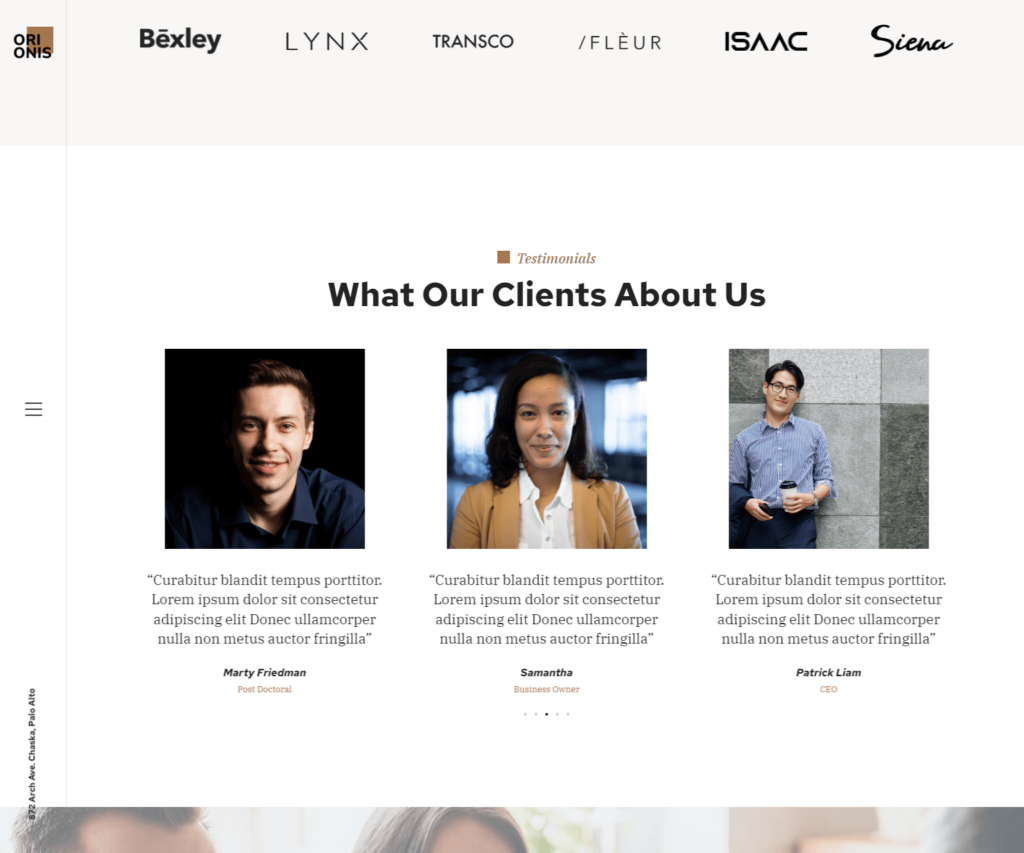 Testimonials page of Orionis Elementor template kit