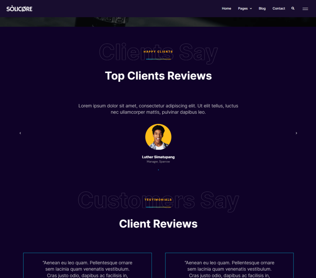 Testimonial page of Solicore Elementor template kit