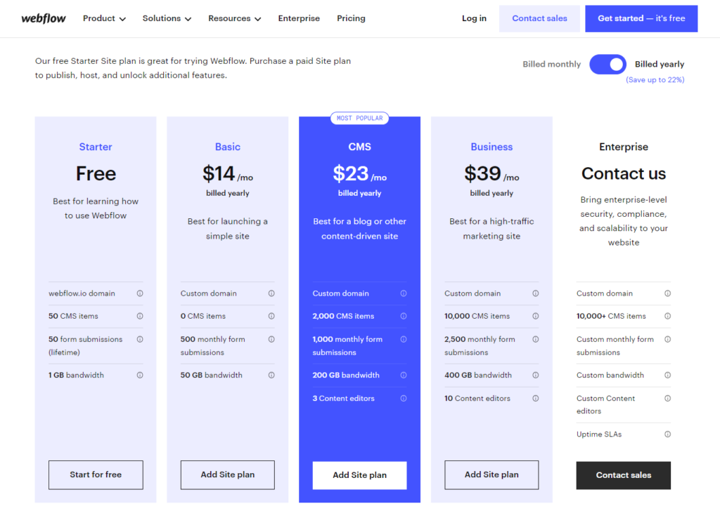 Webflow Pricing