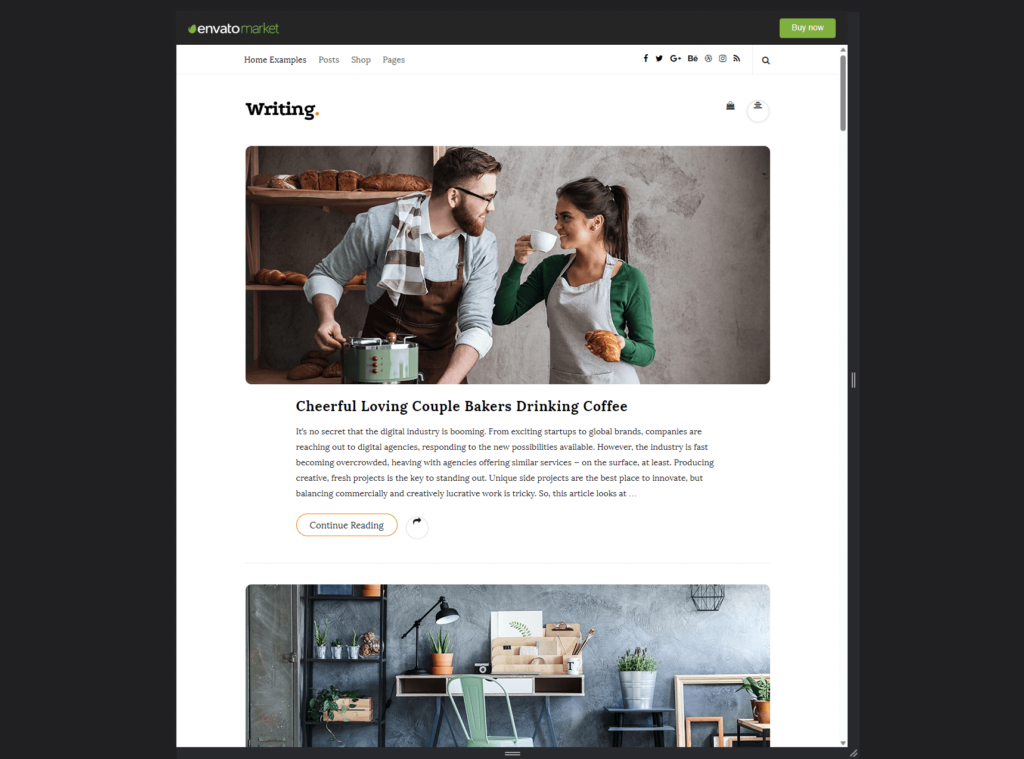 home page of the writing theme