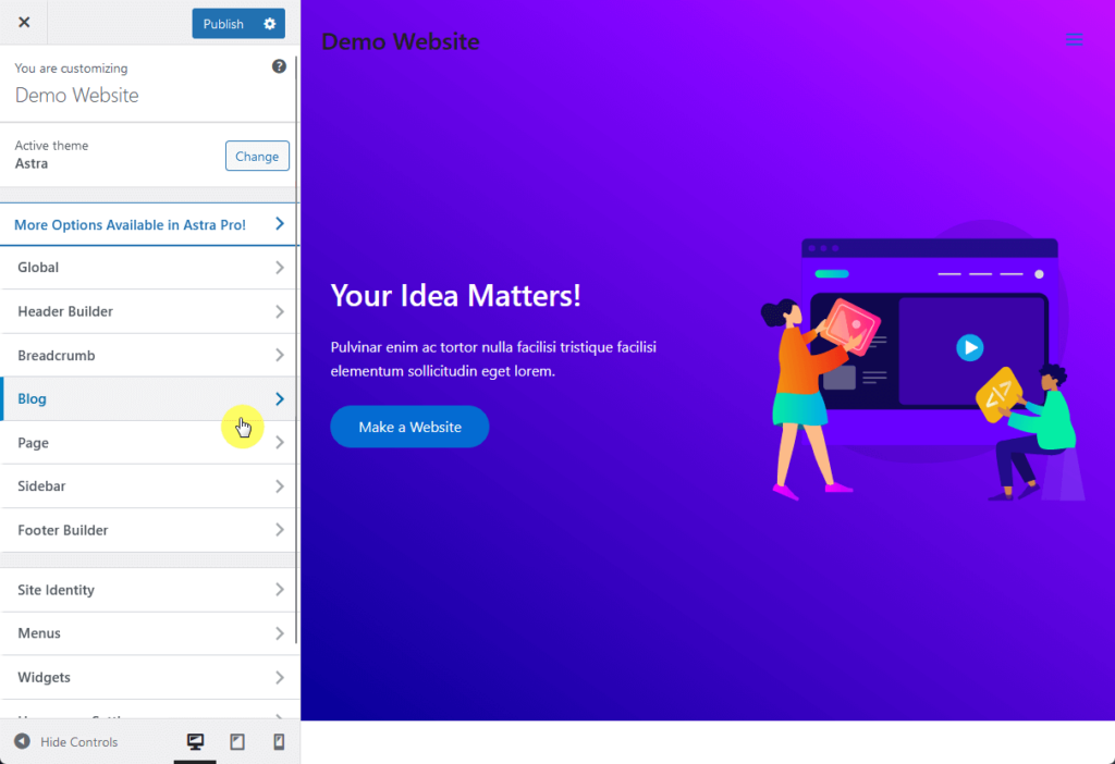 astra’s blog and page customizer options
