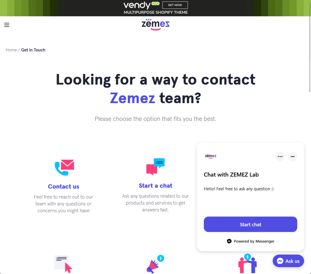 get in touch options with the zemes company