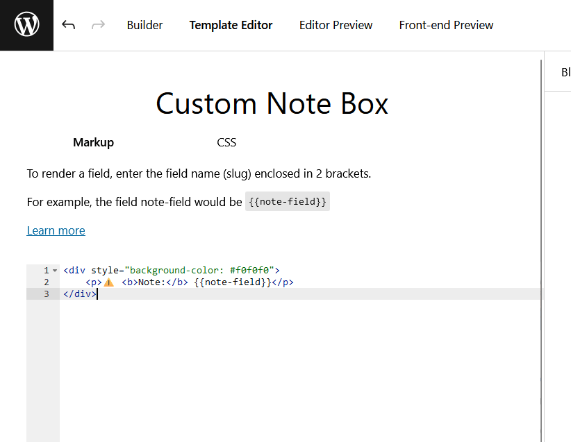 markup code used in the custom note box block using genesis