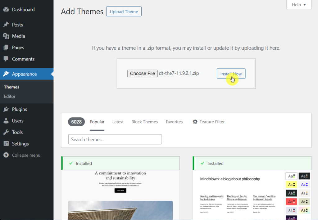 Install and activate The7 theme