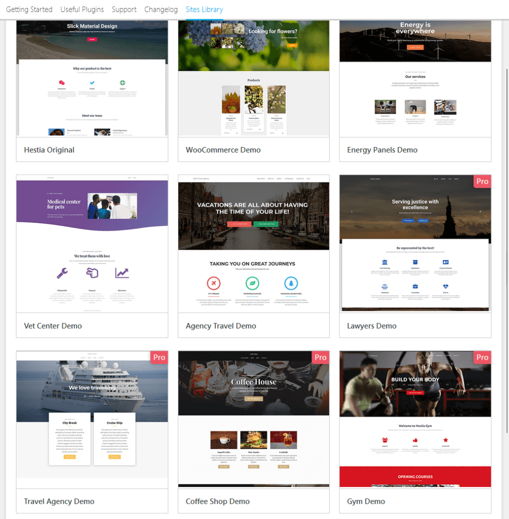 all the demo sites available to pro-personal users of hestia