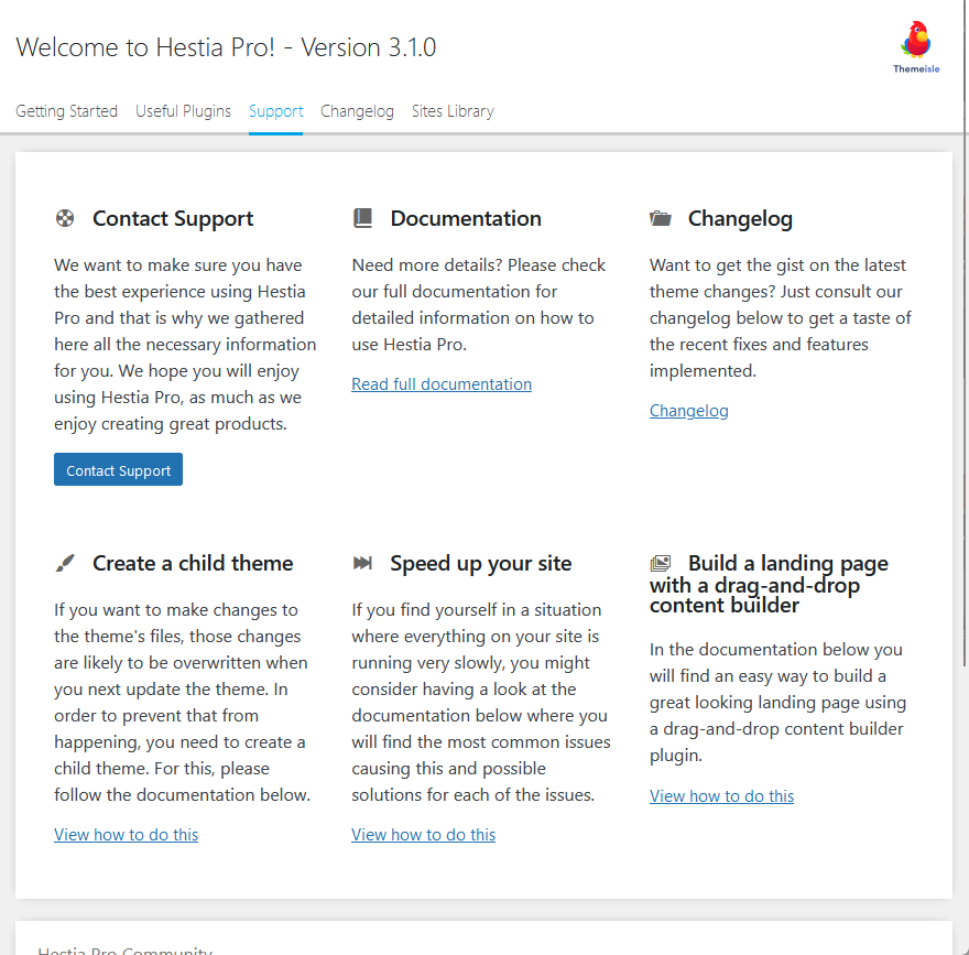 all the available support options of the hestia theme