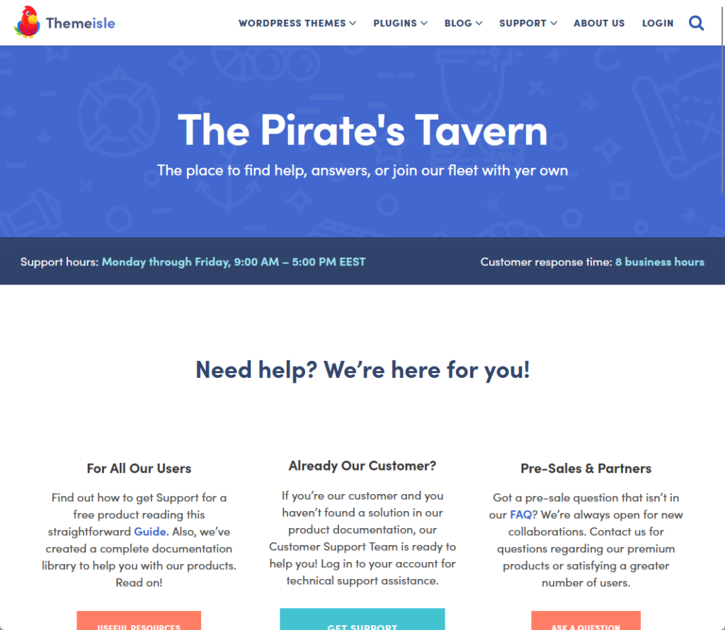 themeisle’s contact page with details on support hours and response time