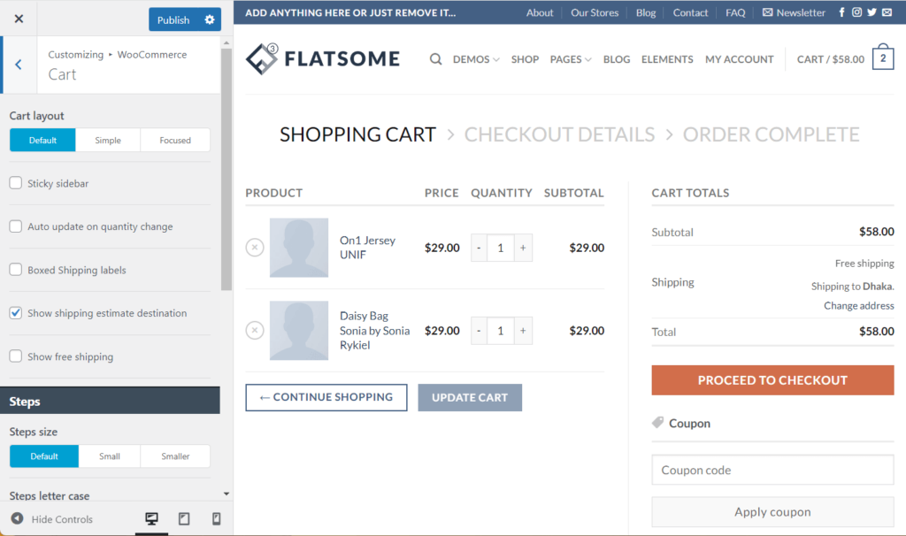 Cart page settings