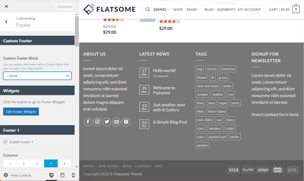 Footer settings