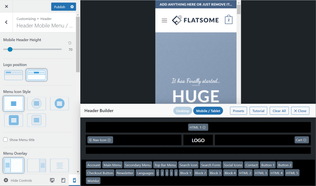 Mobile header settings