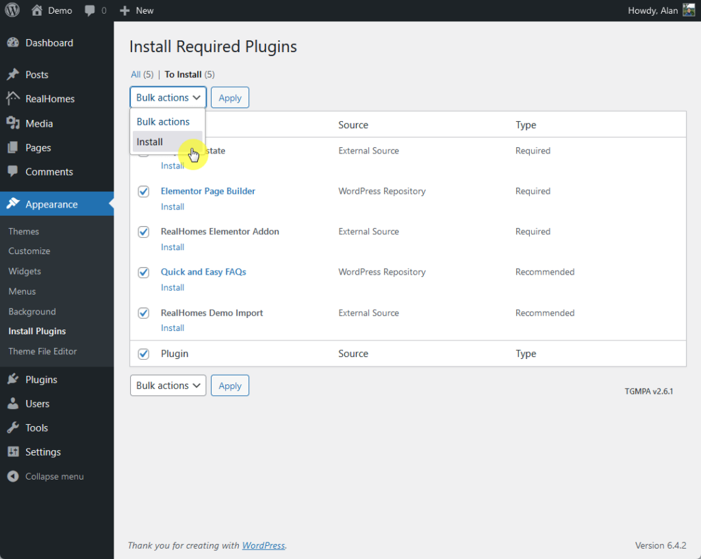 install all the required plugins for the realhomes theme