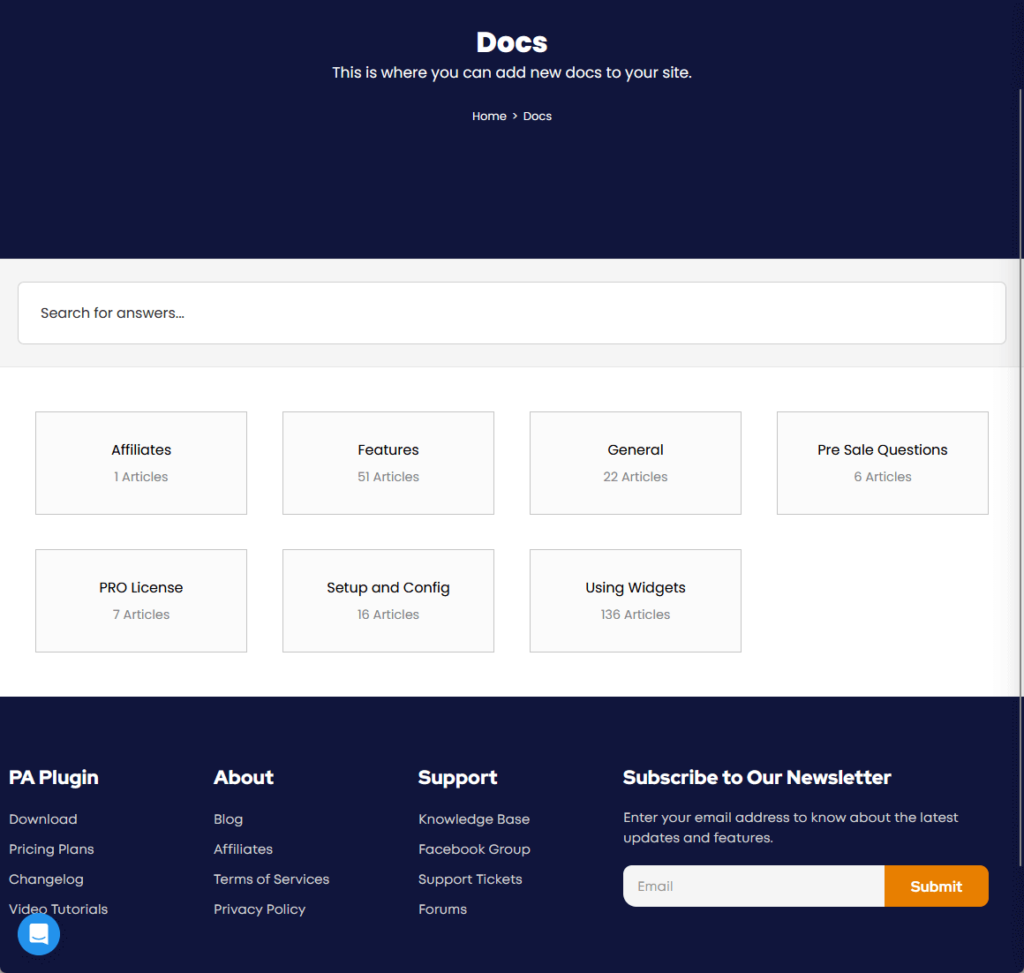 documentation home page of the premium addons for elementor plugin