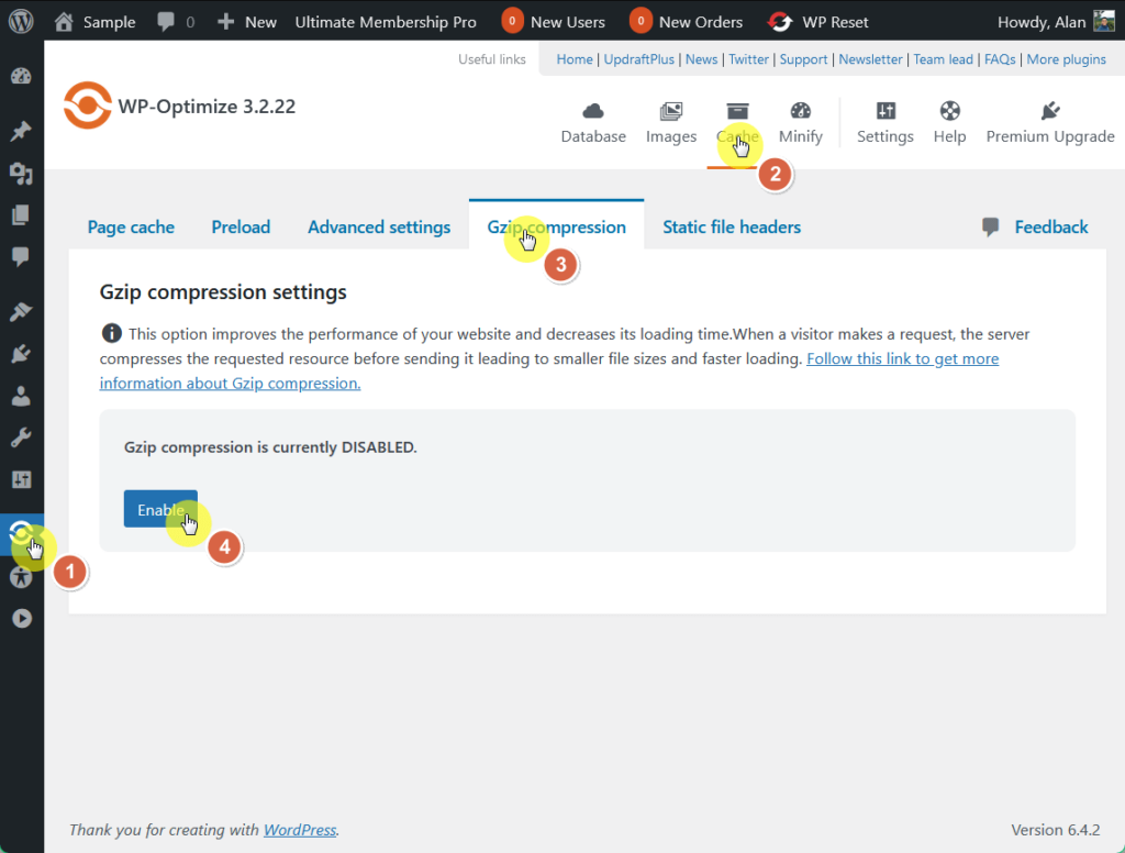 gzip enabled option in the wp-optimize plugin