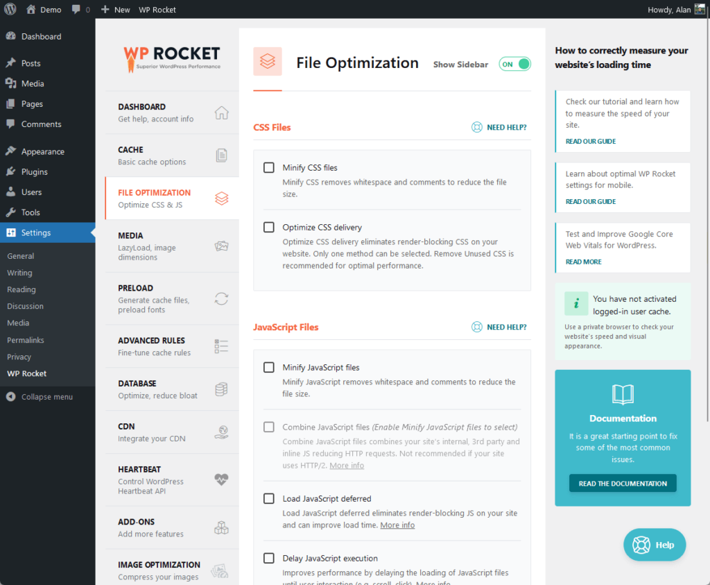 file optimization settings for wp rocket