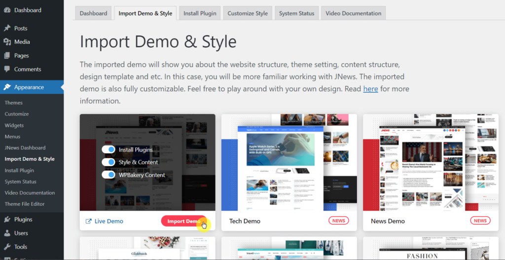 Import demo website