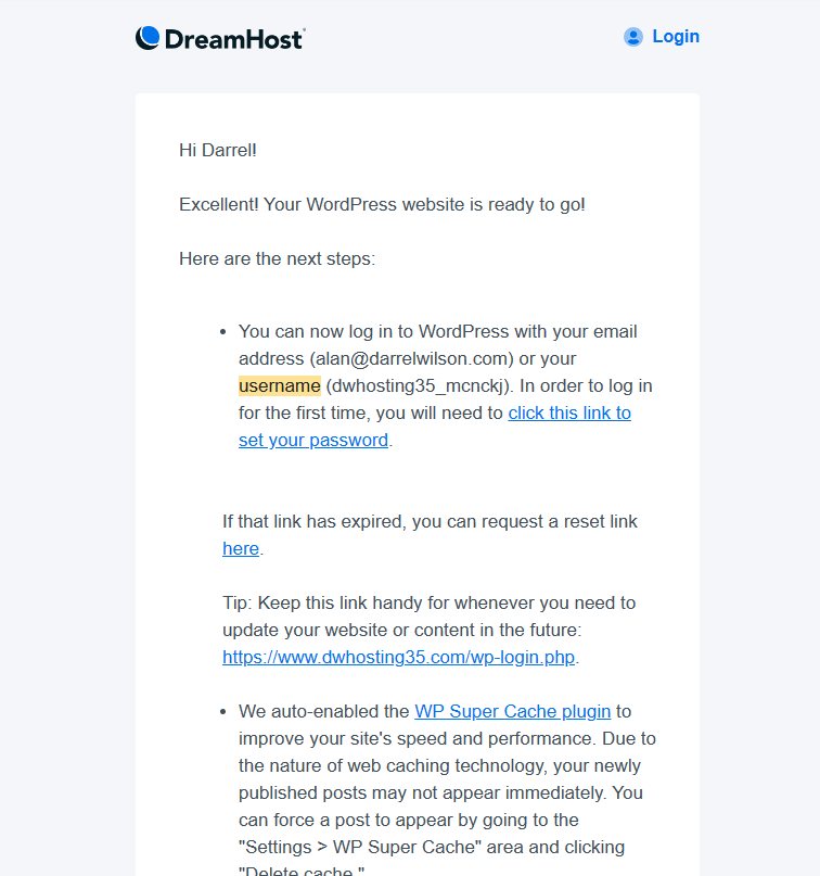 email with login url information from dreamhost
