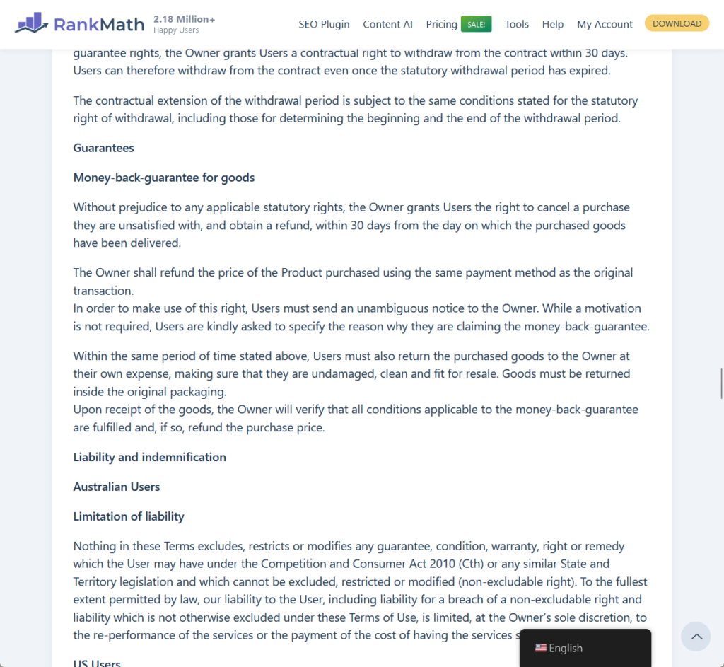 rank math’s money-back guarantee in the terms and conditions