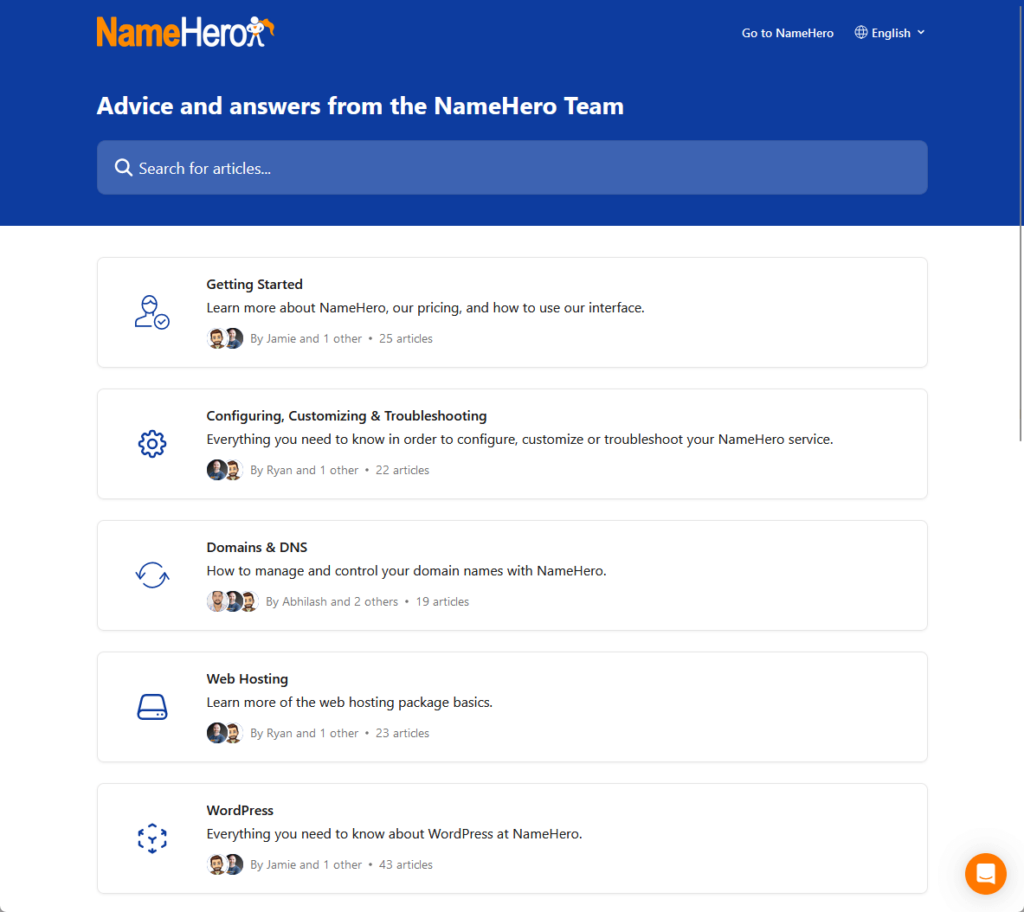 namehero’s help center or knowledge base