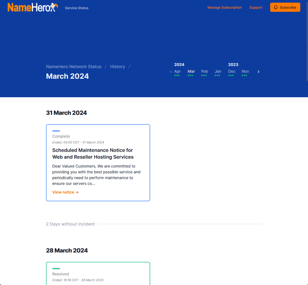 history of service status in namehero