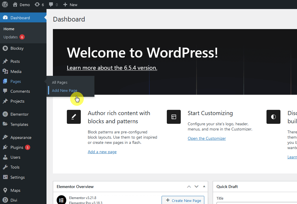 Add new page from WordPress dashboard.