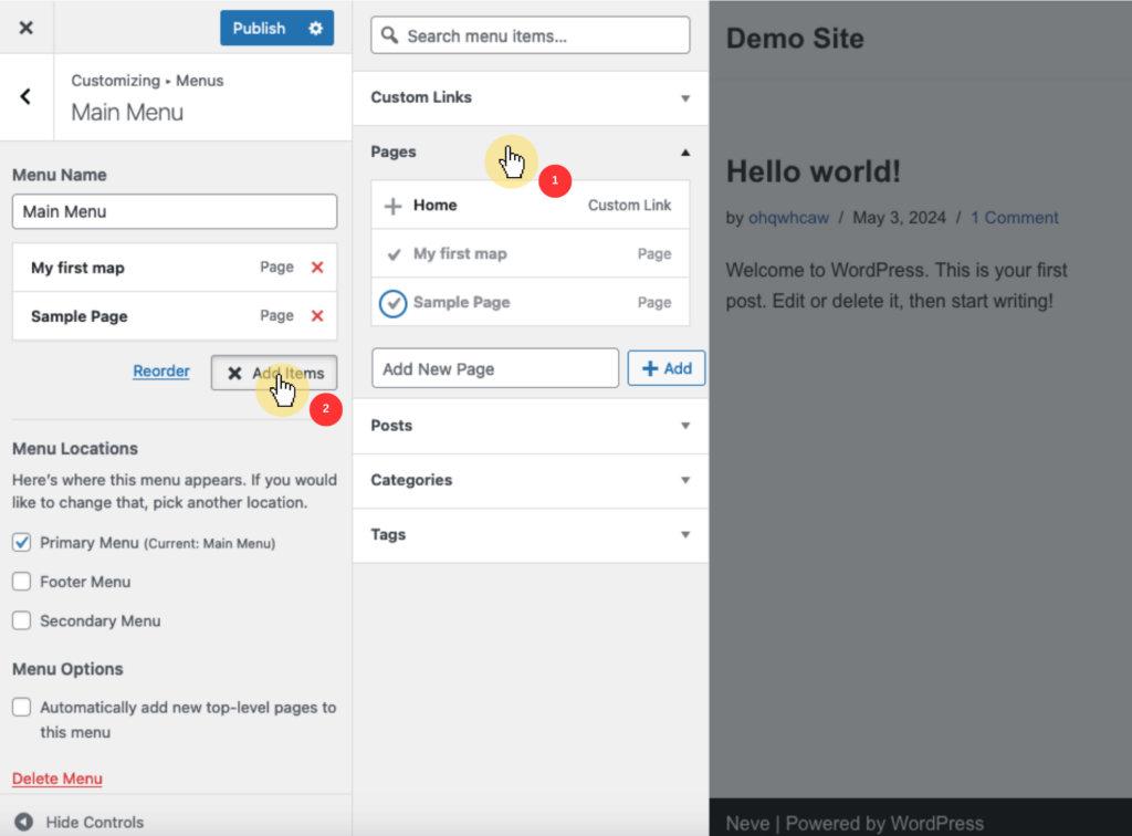 Navigate to Appearance > Customize > Menus > Add Items