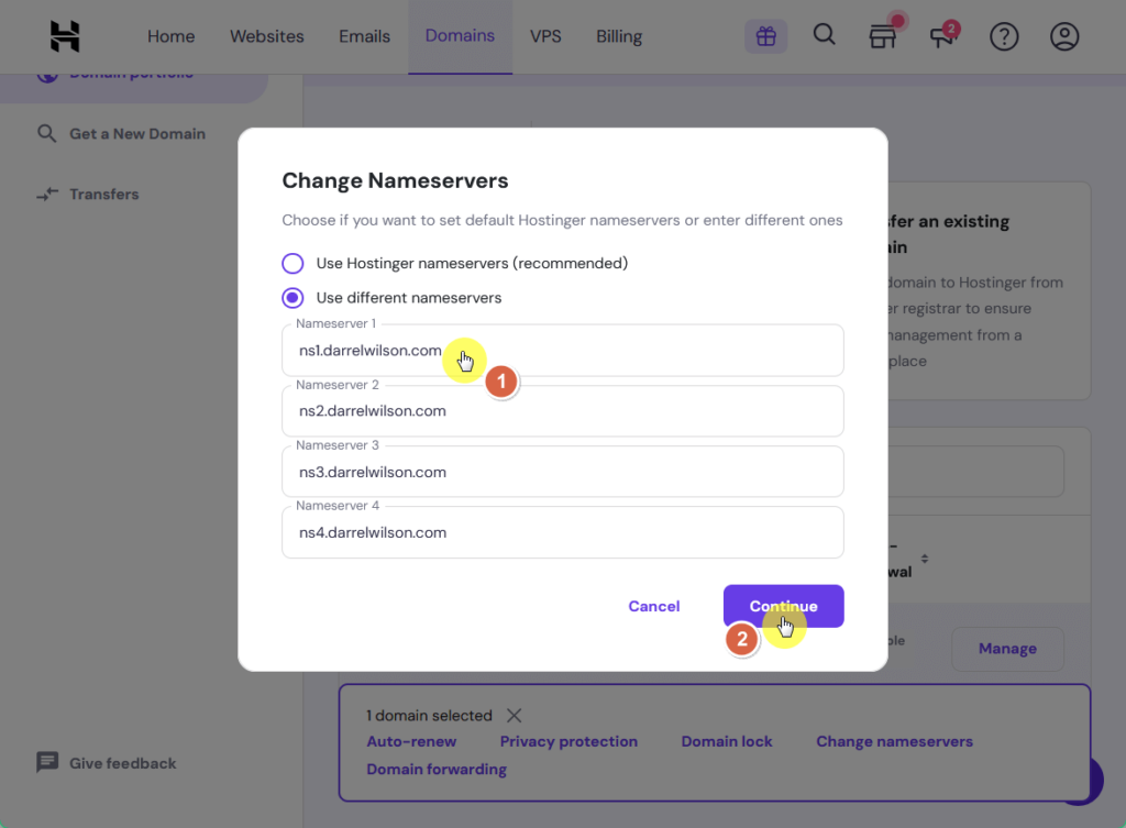 Input different nameservers and click Continue.